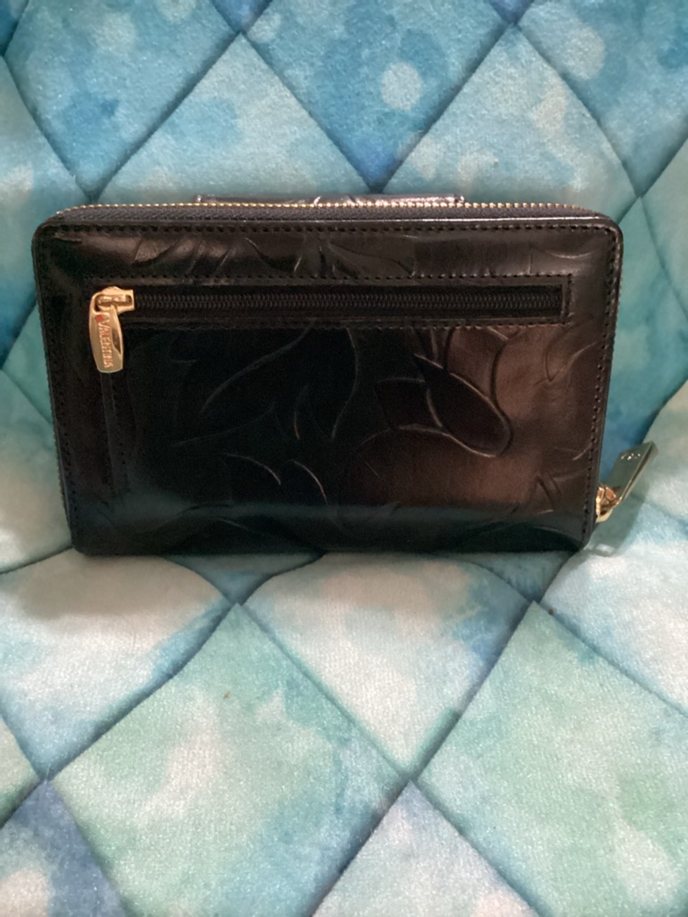 Valentina Black Embossed Leaf Zip-Around Wallet with Logo Snap - Picture 2 of 3